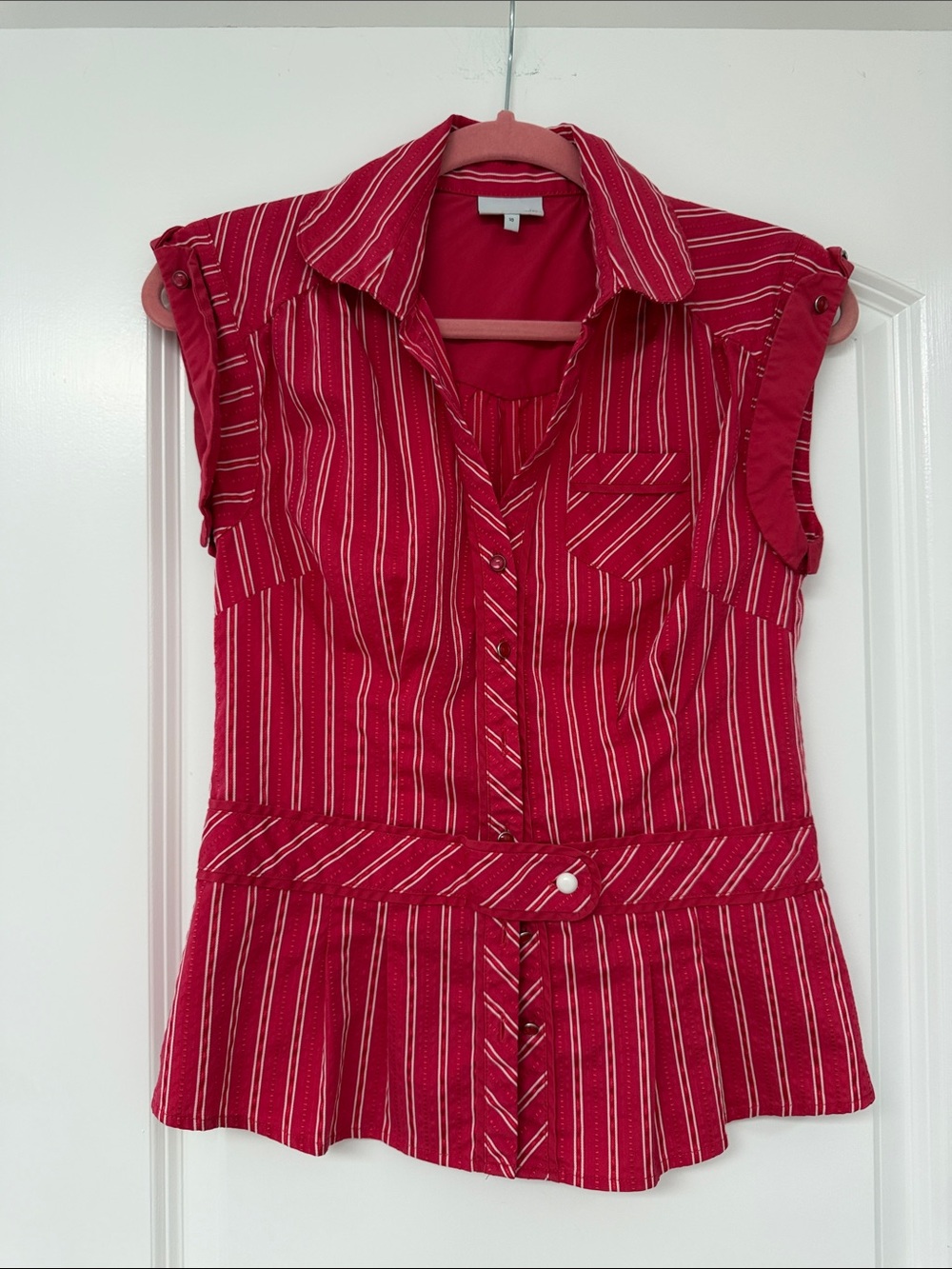 next Striped Button-Front Peplum Blouse in Tomato Red
